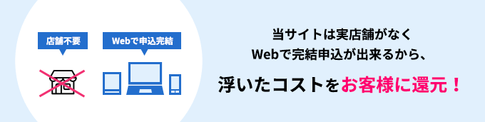 当サイトは実店舗がなく
Webで完結申込が出来るから、浮いたコストをお客様に還元!